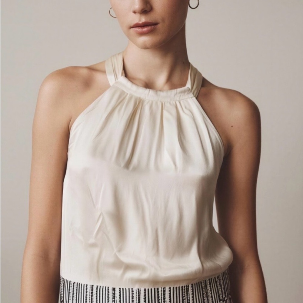 White House Black Market 100% Silk Cream Black Embroidered Bottom Tank Top Sz 8 - Picture 3 of 13